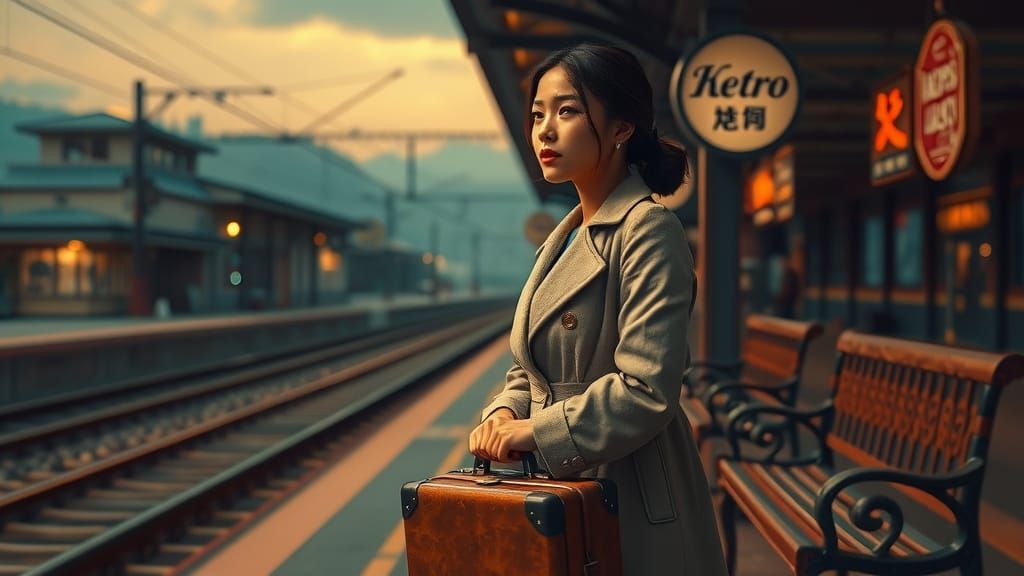 Asian Woman at Train Station in Cubist Style