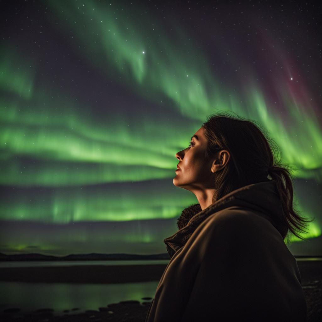 Woman Gazing at Northern Lights and Stars