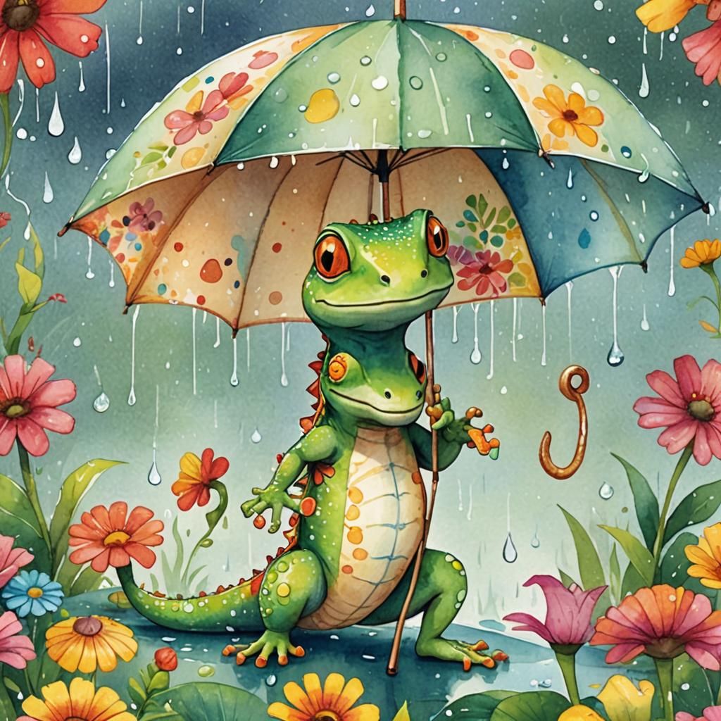 Gecko and Snail Share Umbrella: Whimsical Illustration