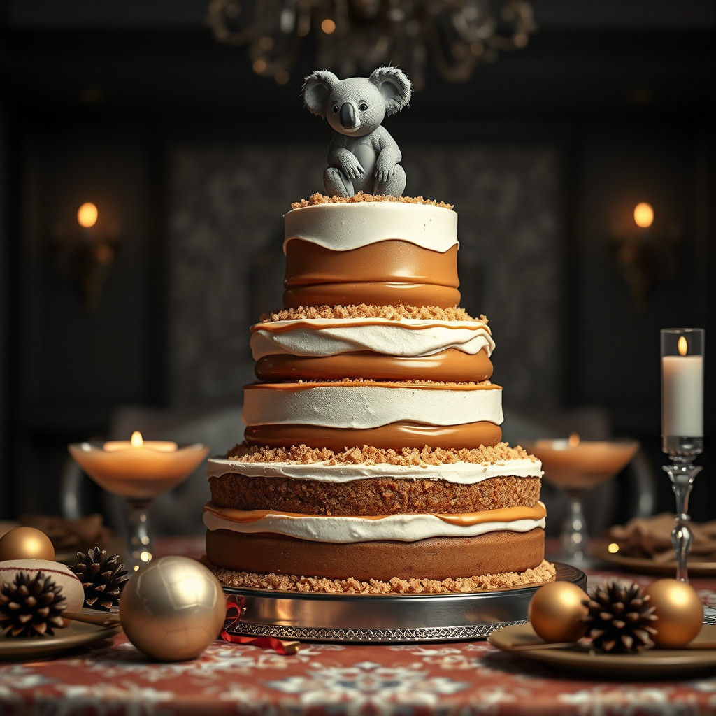 Caramel Cake with Koala Figurine in Grayscale Photography