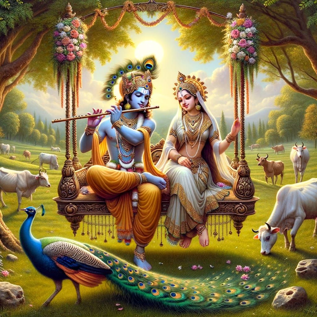 Krishna and Radha in Serene South Asian Landscape with Peaco...