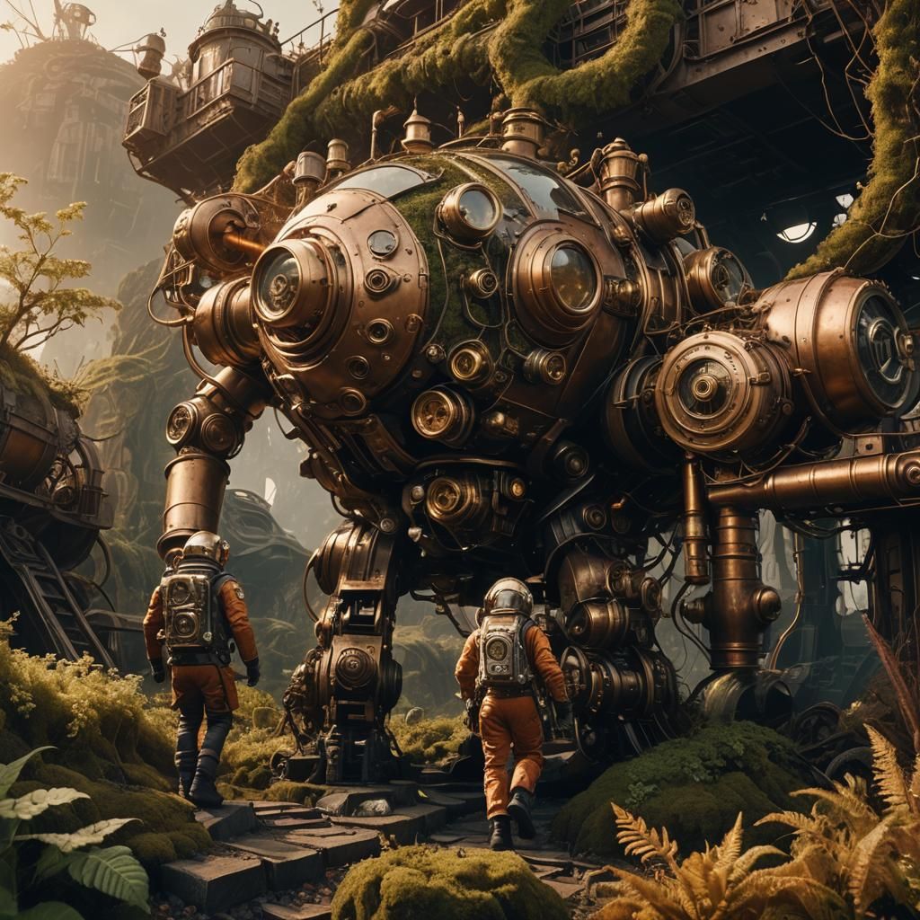 Steampunk Astronaut Landing on Sci-Fi Planet