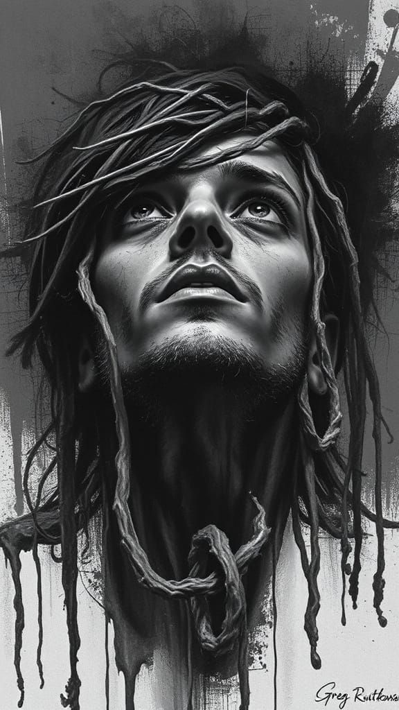 Entangled Soulless Man: Horror Charcoal 8-bit Drawing