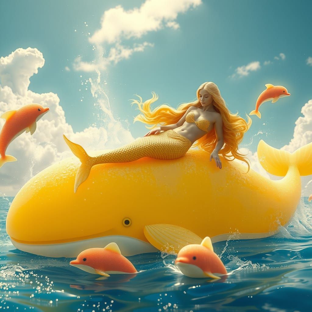Mermaid Lounging on Gummy Whale in Dreamscape