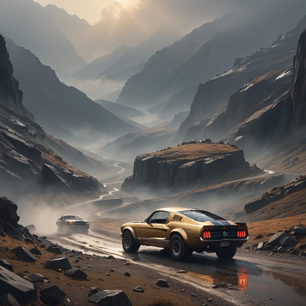 Metallic Ford Shelby on Himalayan Road in Sci-Fi Style