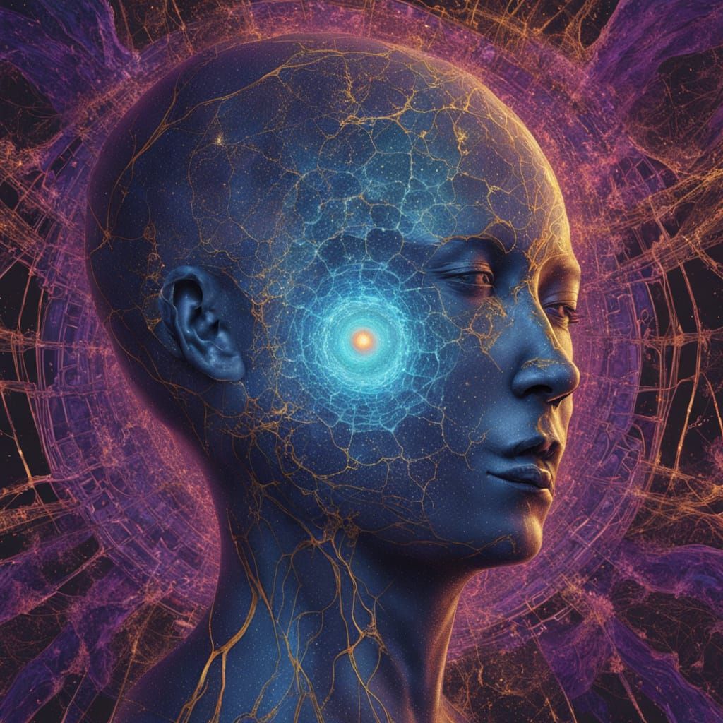 Cosmic Nexus Figure Erupting into Galaxies and Voxels