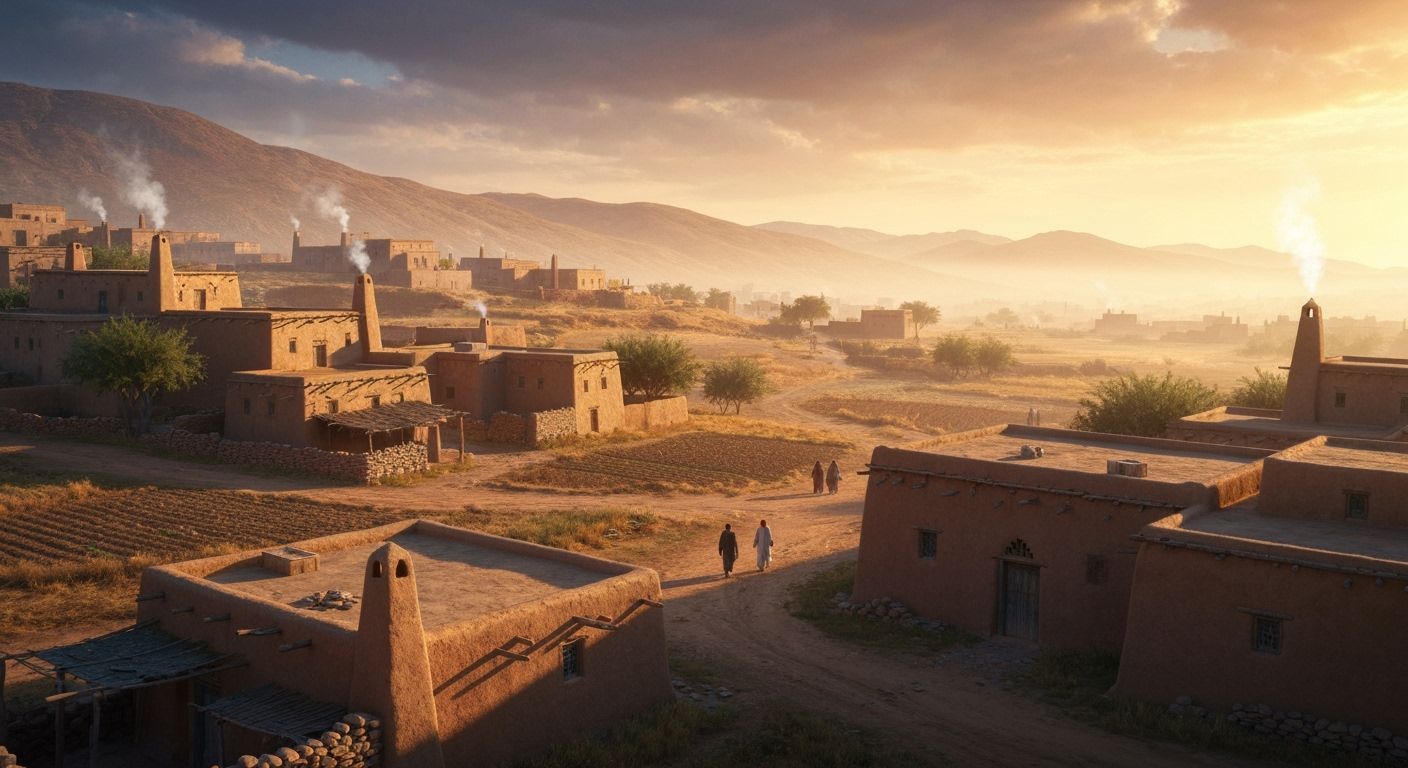 Middle Eastern Village Sunrise Cinematic View