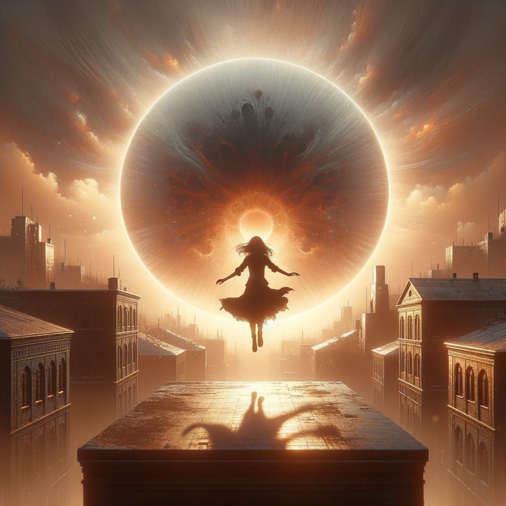 Girl Leaping on Rooftop with Soft Brown Light Silhouette