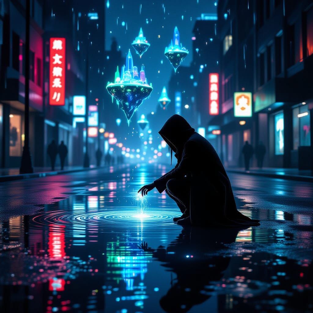 Surreal Glowing Puddle Under Neon City Rain