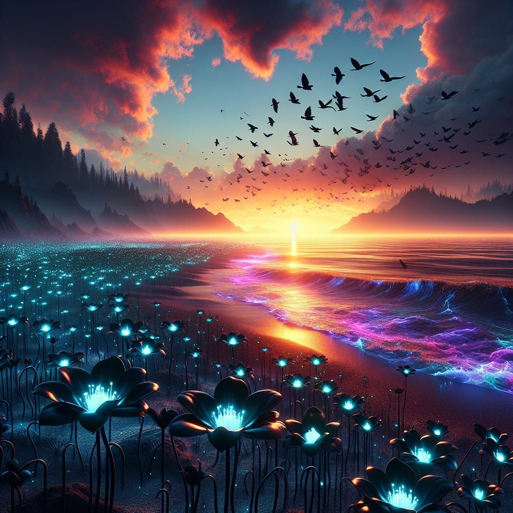Surreal Sunset Beach with Glowing Water in Matte Painting St...