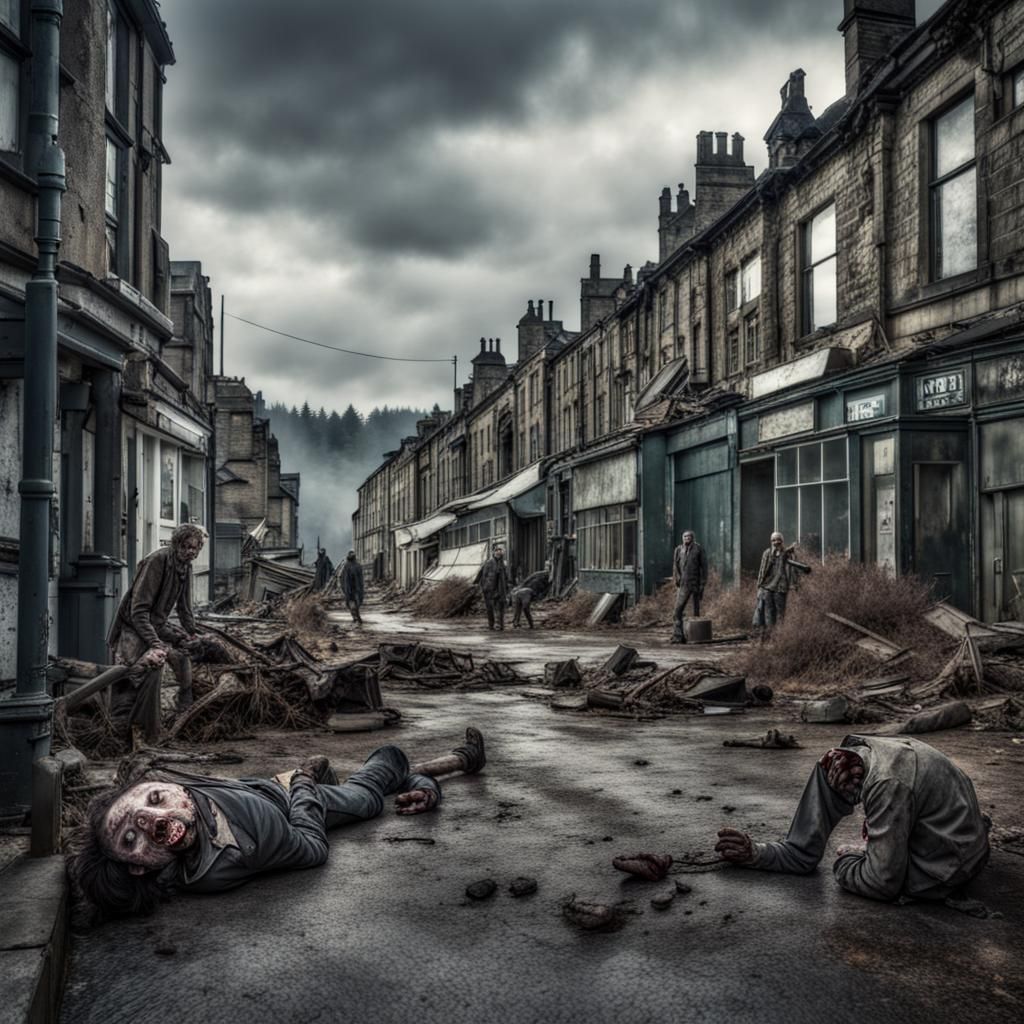 Post-Apocalyptic Ilkley with Zombies in Hyperrealistic Style