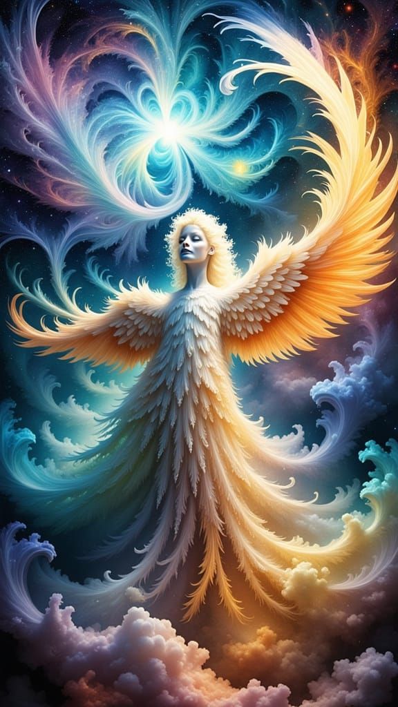 Majestic Angel Descends from Cosmic Nebula in Painterly Styl...