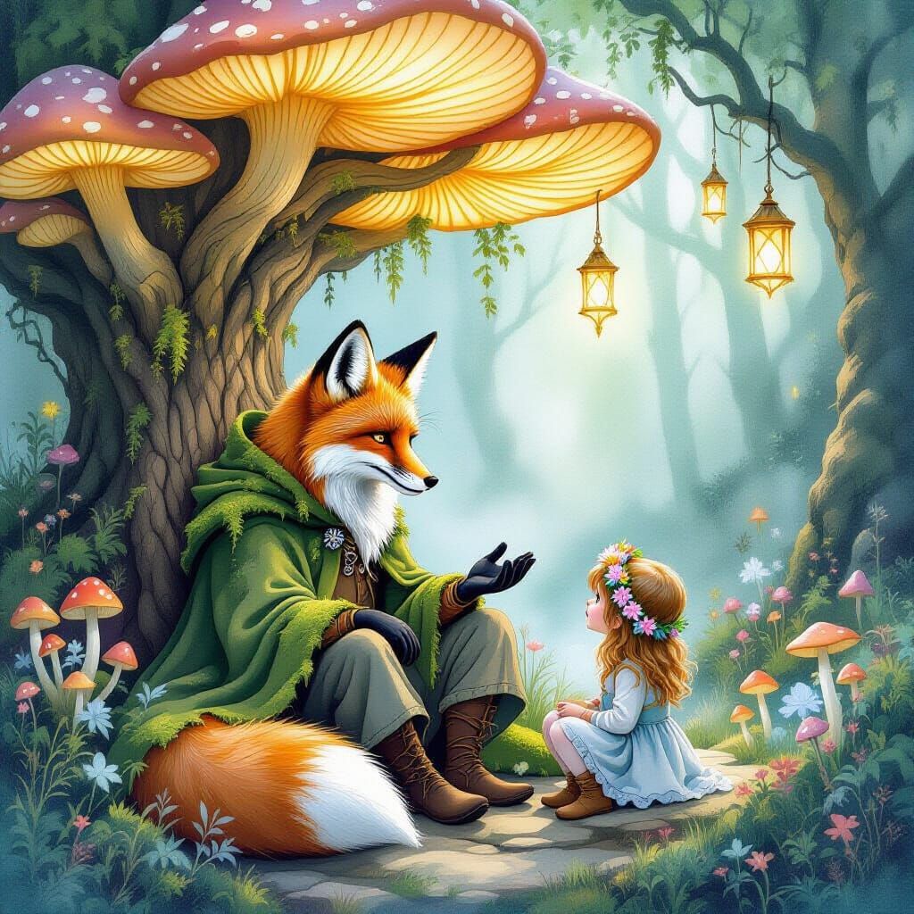 Whimsical Talking Fox in Glowing Mushroom Grove