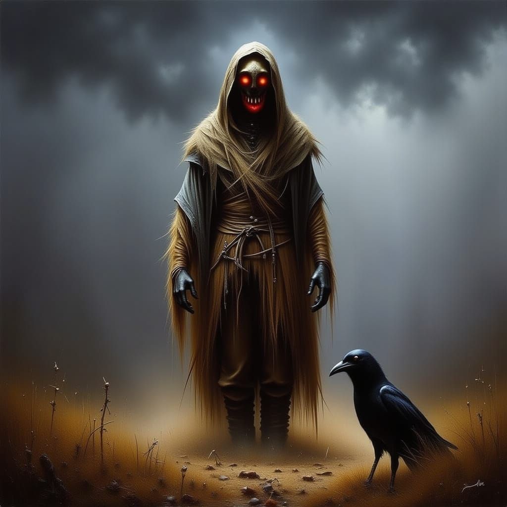 Mysterious Scarecrow in Ominous Field, Oil Painting Style