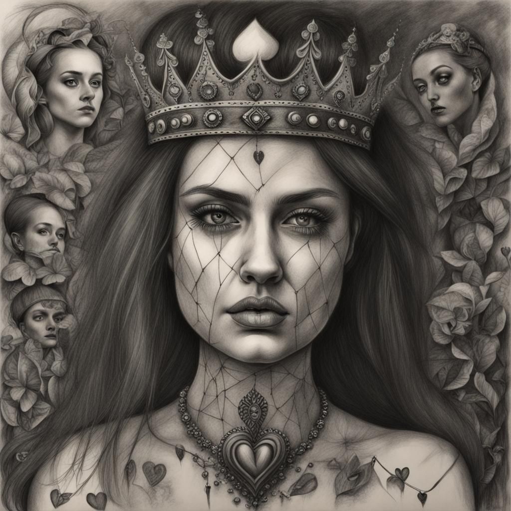 Detailed Charcoal Drawing: Queen of Broken Hearts