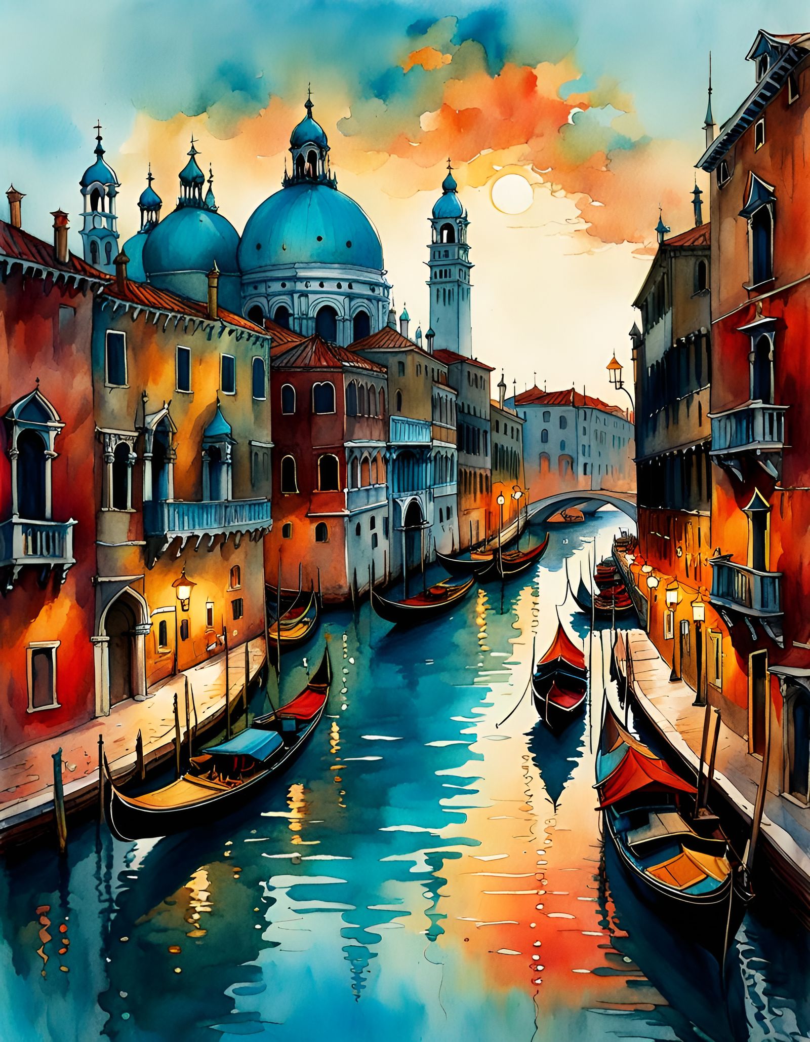 Watercolor Cityscape with Golden Domes