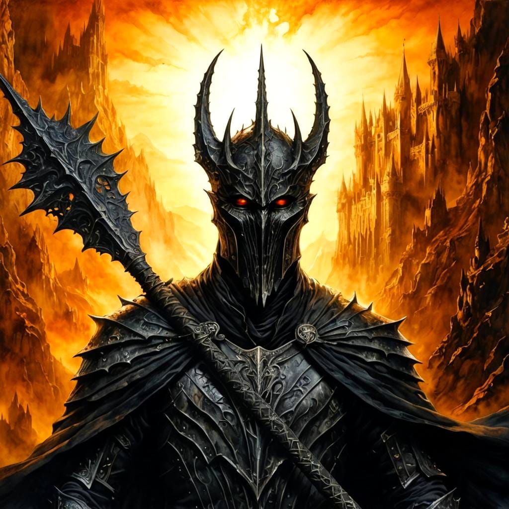 Sauron Portrait with War Club in Alcohol Ink Style