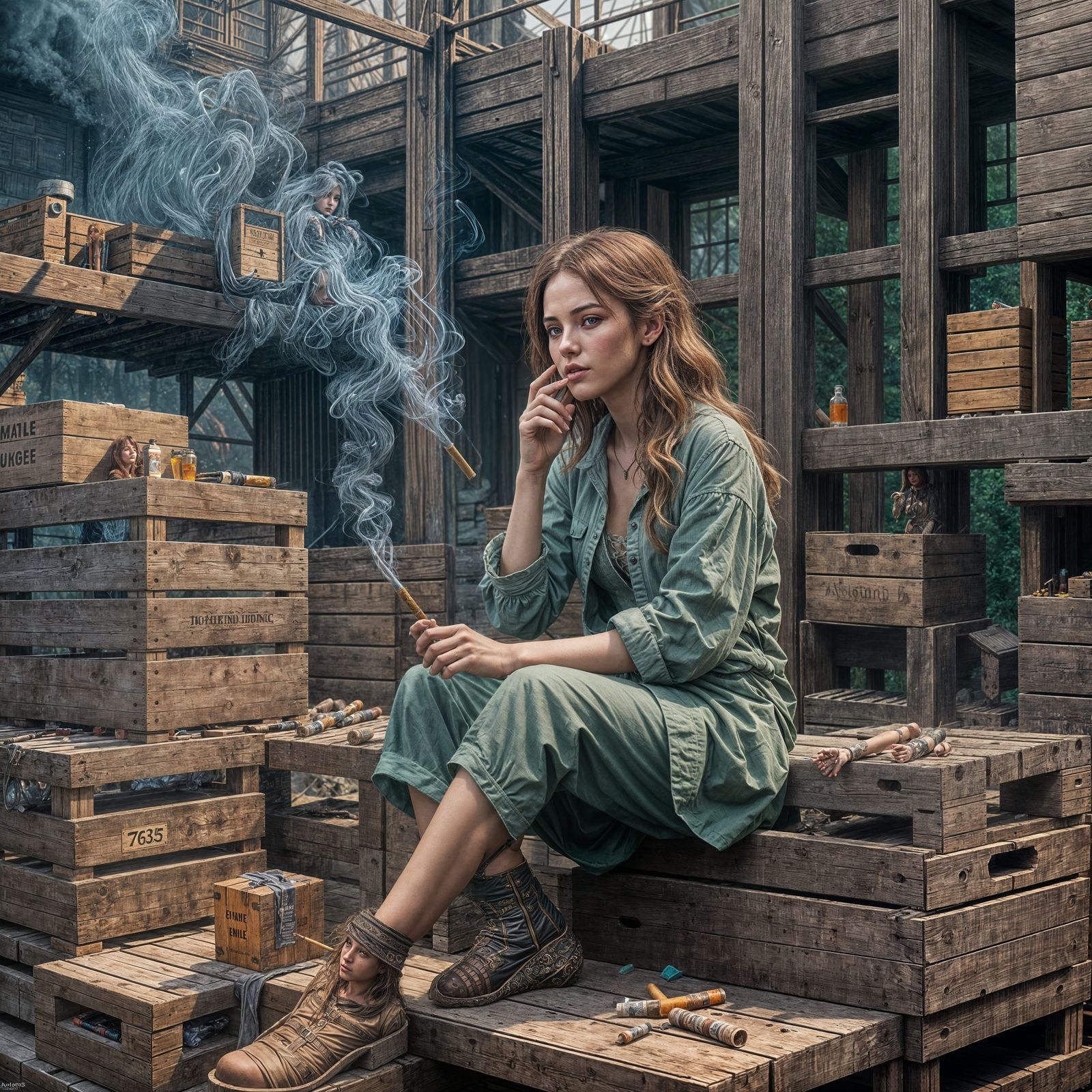 Girl Smoking: Detailed Matte Painting in Deep Color