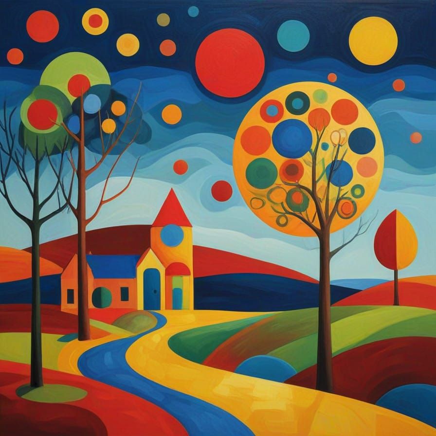 Surrealist Landscape Painting in Bold, Vibrant Colors
