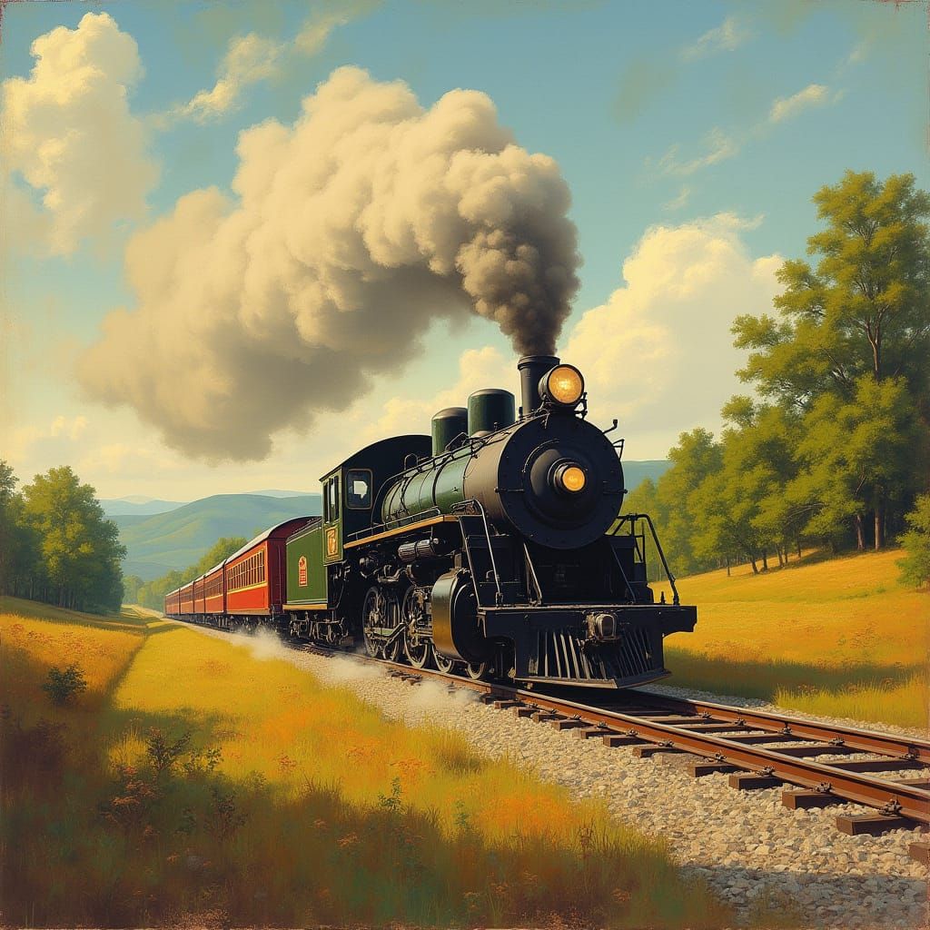 Rustic American Regionalist Train Chugs Along Railroad Track