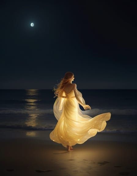 Woman in Glowing Gown on Moonlit Beach