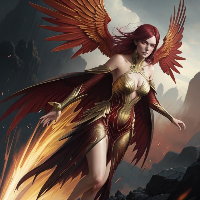 Vibrant Pop Explosion: Woman with Wings in Gold and Red