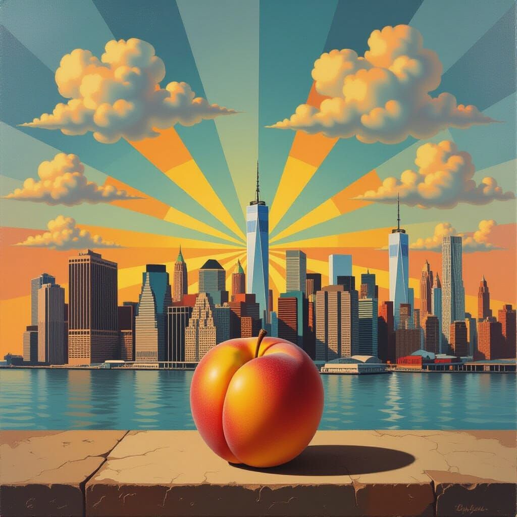 Surrealist NYC Skyline with Giant Peach by Magritte