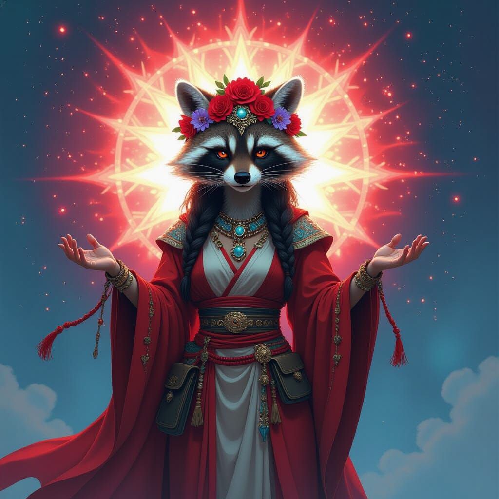 Radiant Raccoon Warrior Goddess in Galactic Portal
