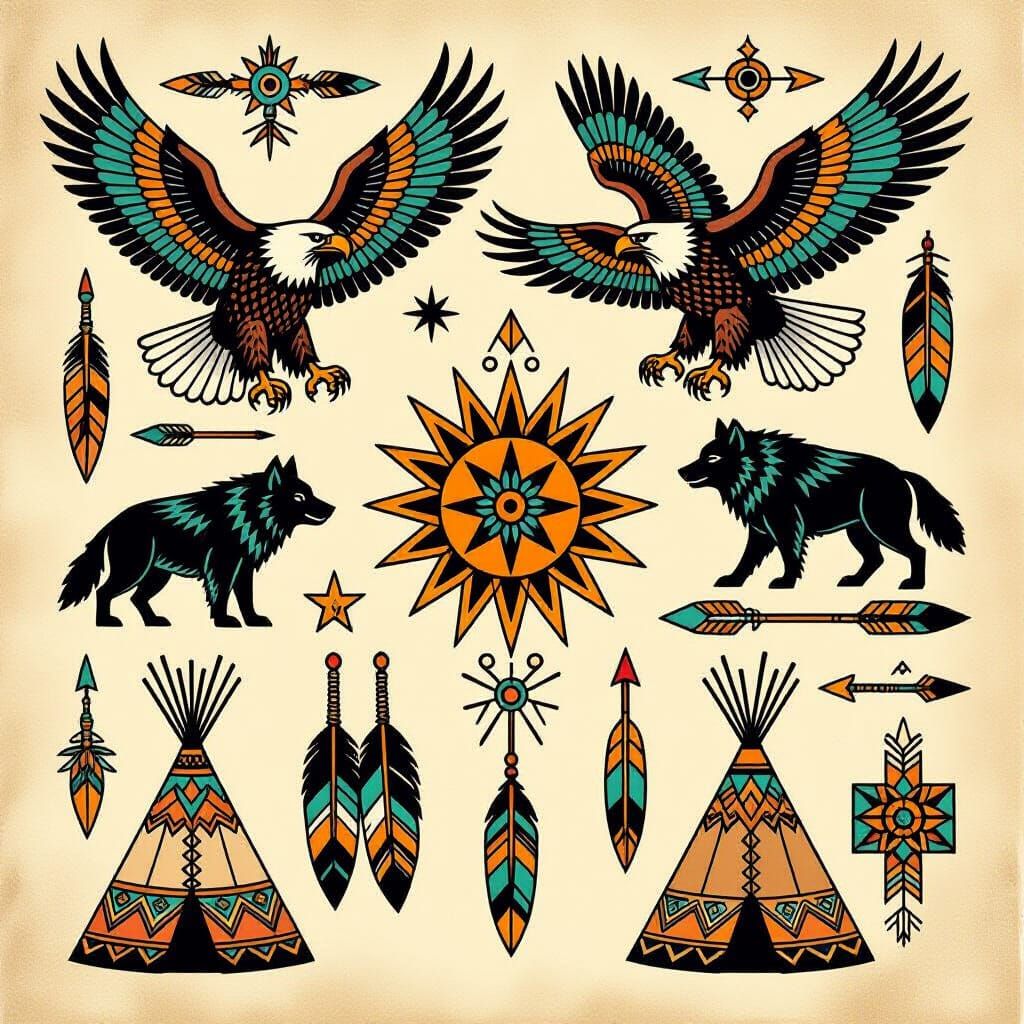 Tribal Tattoo Flash Sheet with Eagles and Wolves