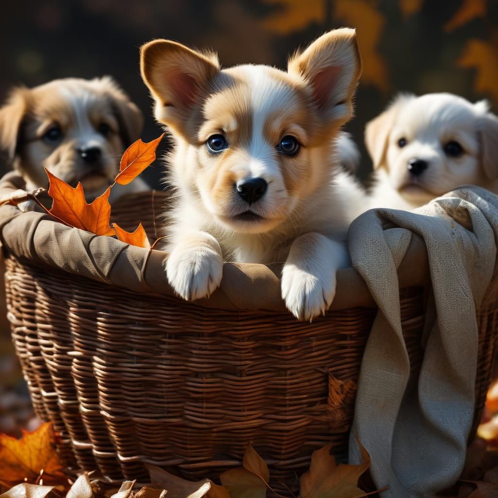 Cute Puppy in Autumn Leaves Basket