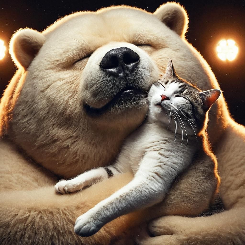 Satisfied Kodiak Bear Holds Relaxed White Tabby Cat