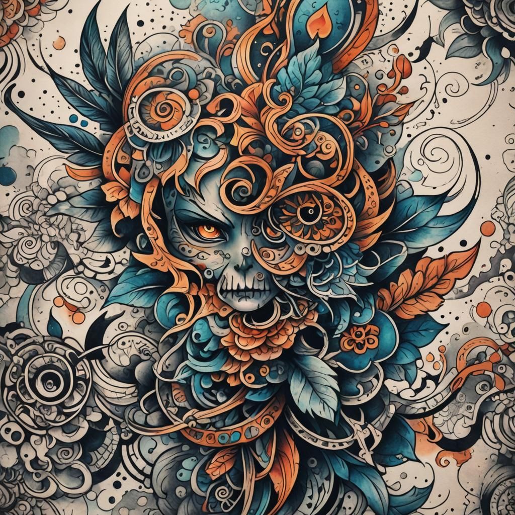 Fantasy Tattoo on Skin: Abstract Art Close-Up