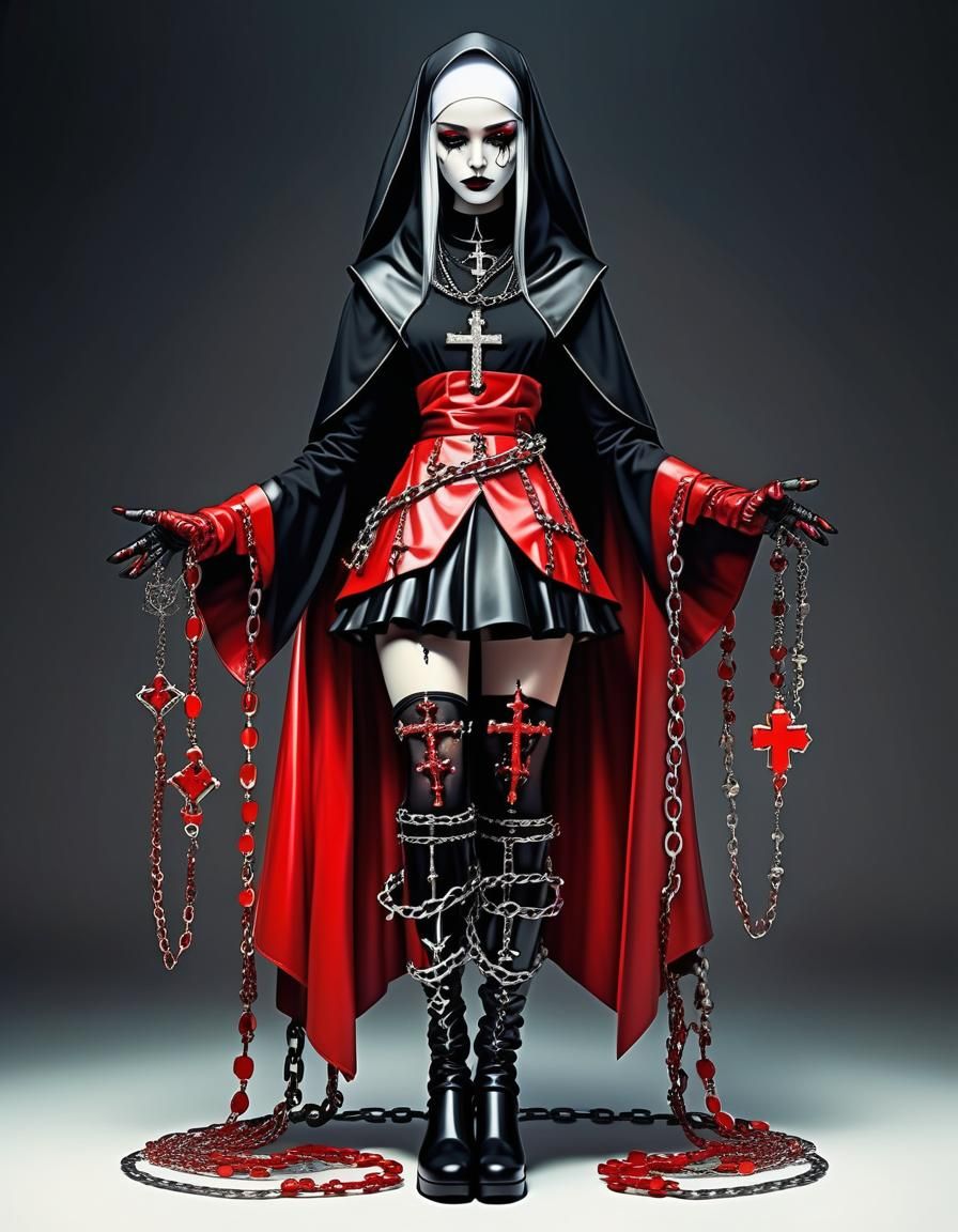 Gothic Nun in Red with Chains and Crosses
