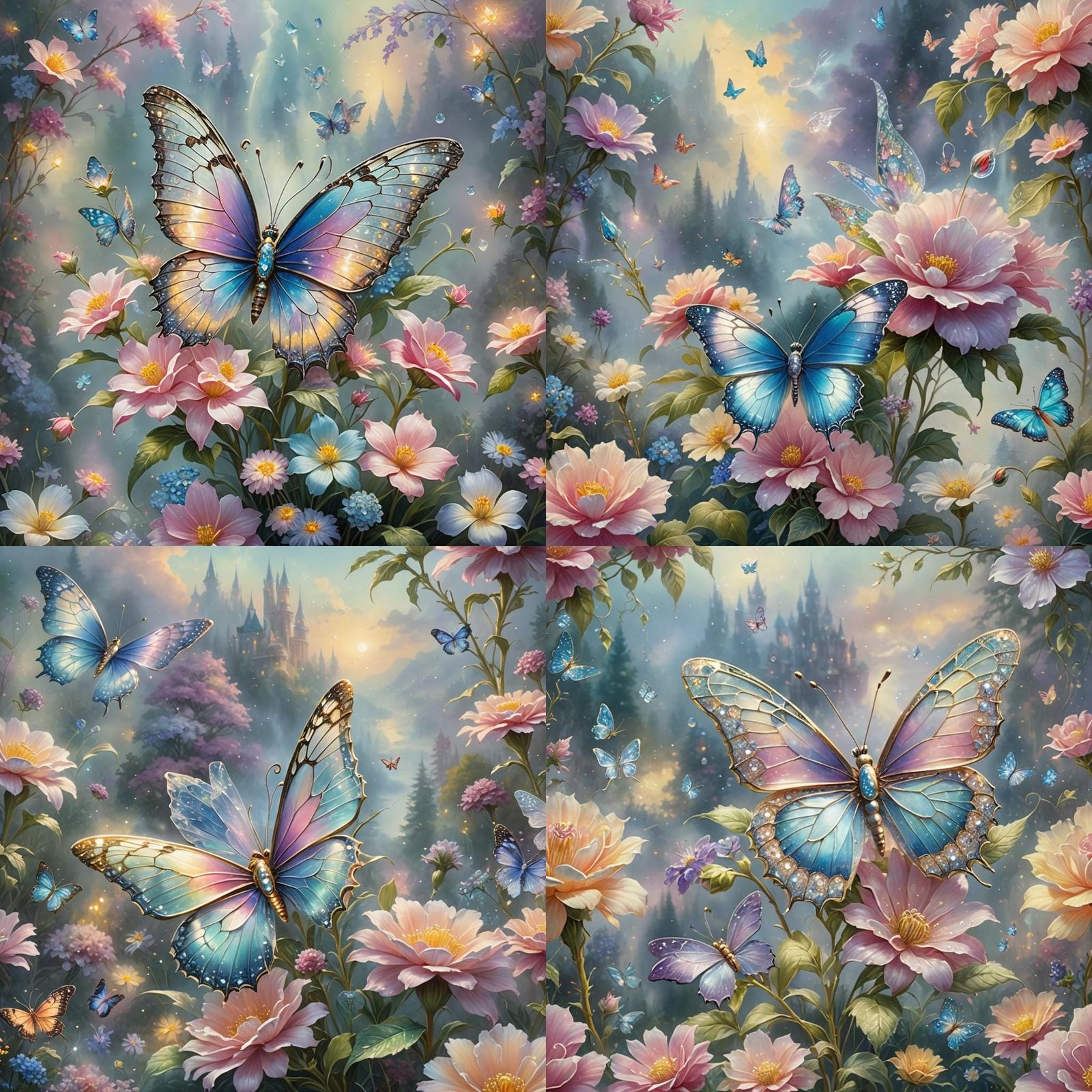 Diamond Butterfly on Bejeweled Flower, Ethereal Fantasy