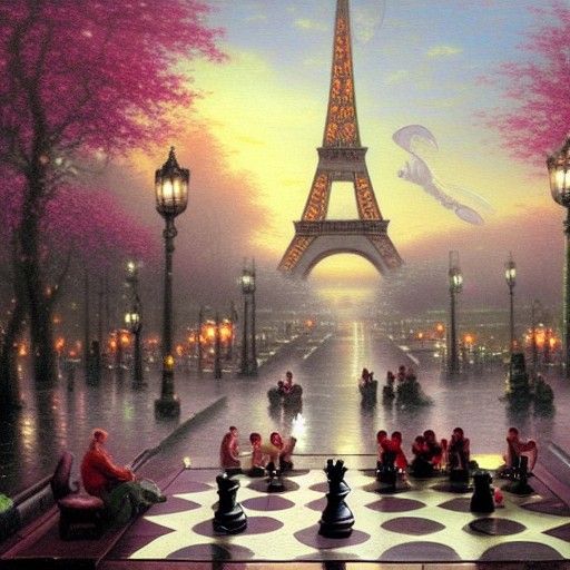 Chess Game Near Eiffel Tower in Ethereal Style