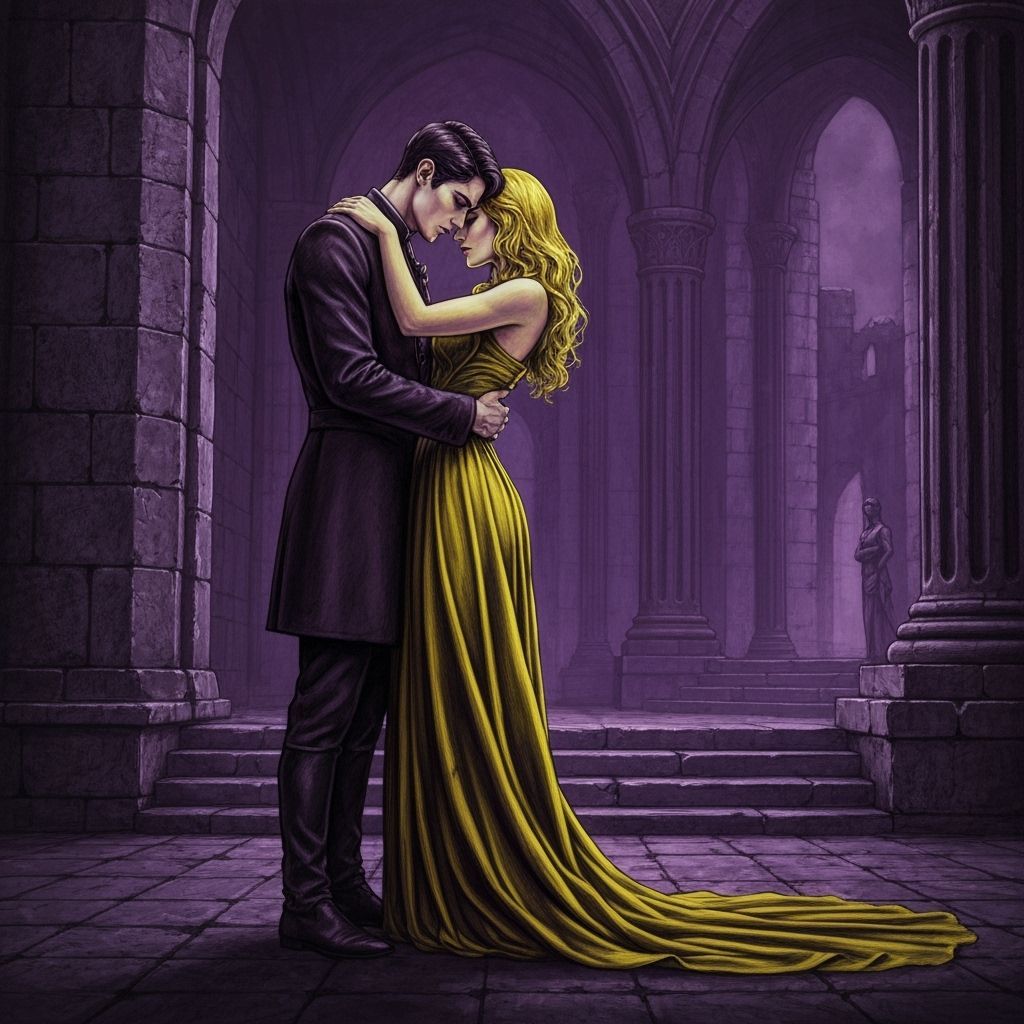 Gothic Couple Embrace in Ancient Ruins, Charcoal Drawing Mas...