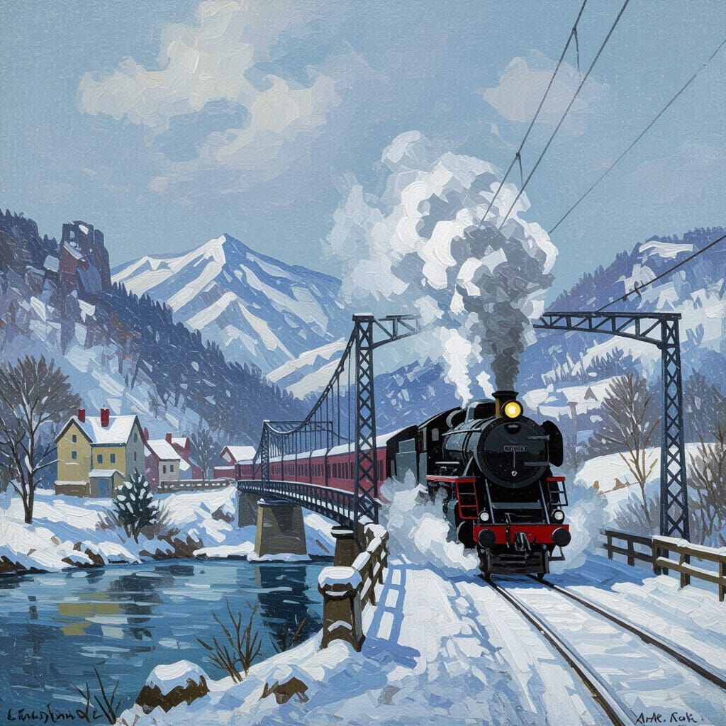 Impressionist Winter Mountain Scene with Snowstorm and Train
