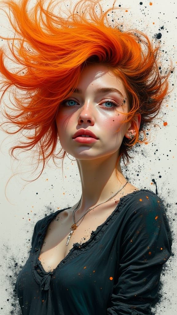 Magnetic Woman with Fiery Hair in Expressive Brushstrokes