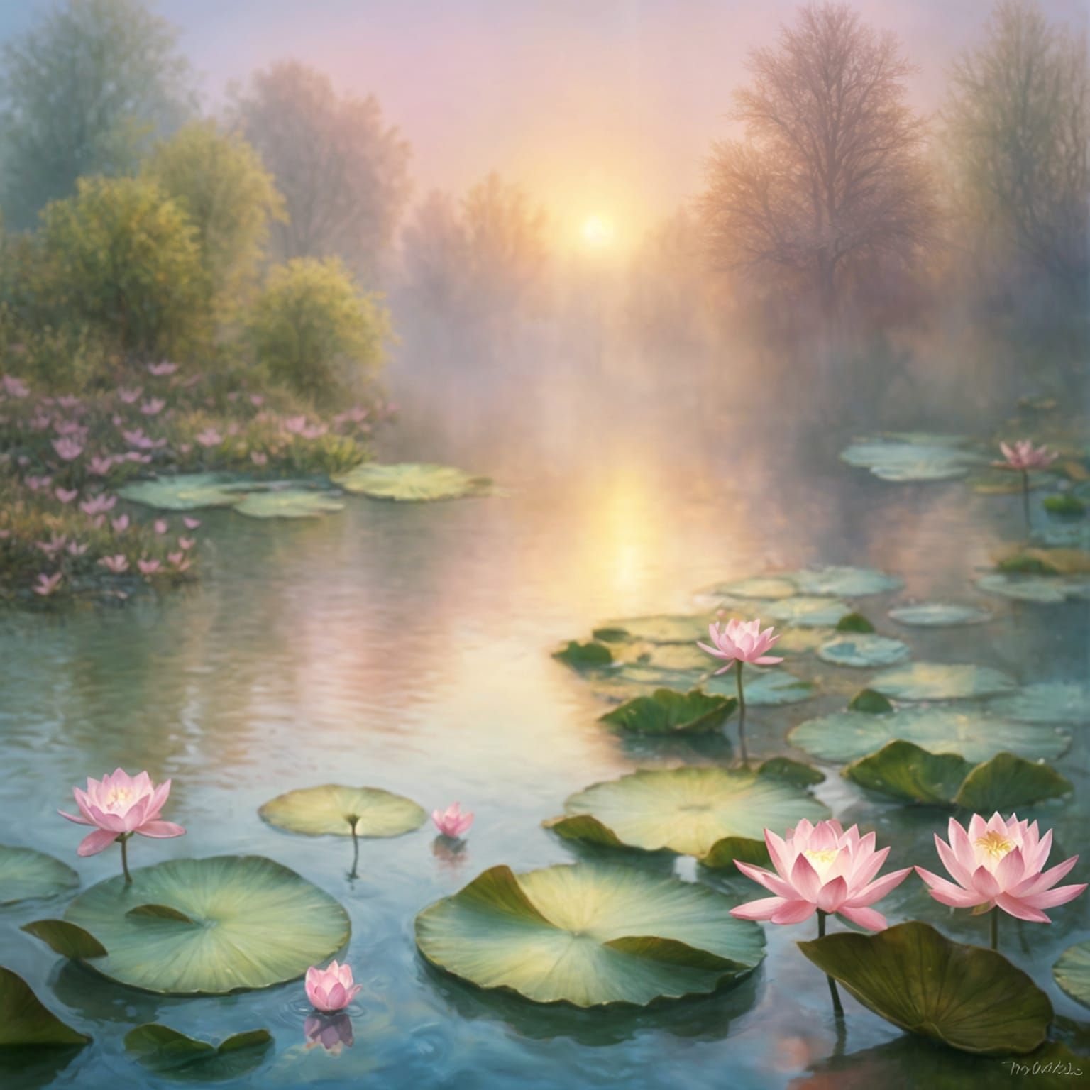 Glowing Lotus Flowers on Misty Pond: Impressionistic Art