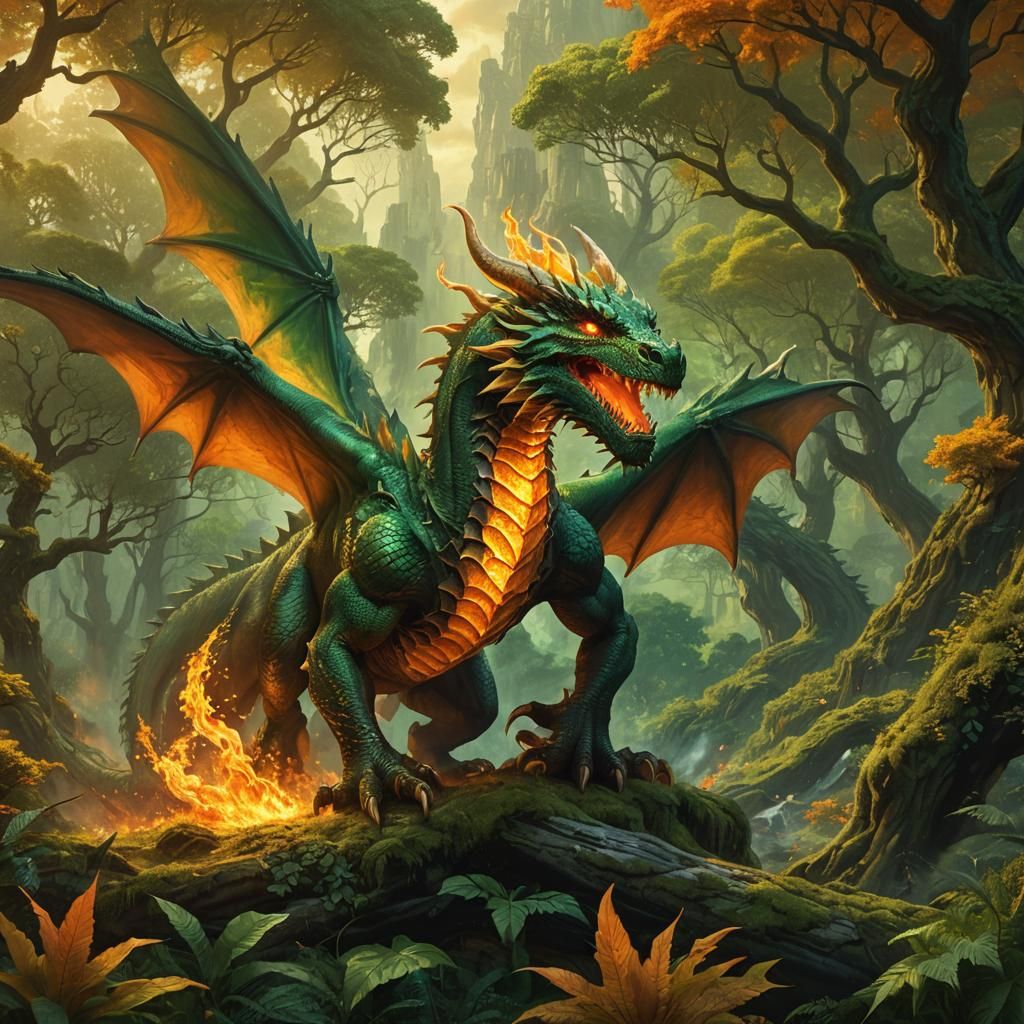 Fire Dragon in Emerald Forest, Digital Matte Painting