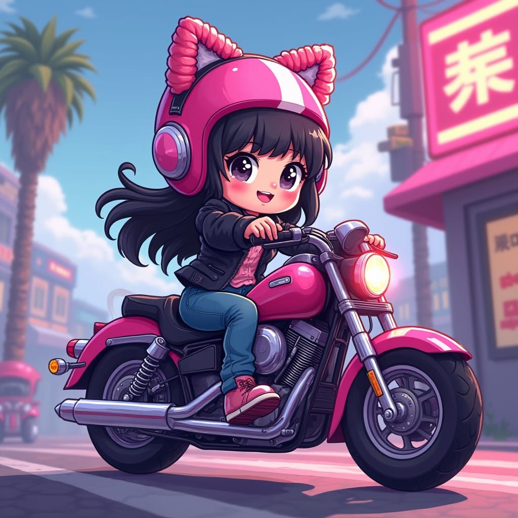 Kawaii Tomboy Rides Pink Motorcycle in Digital World