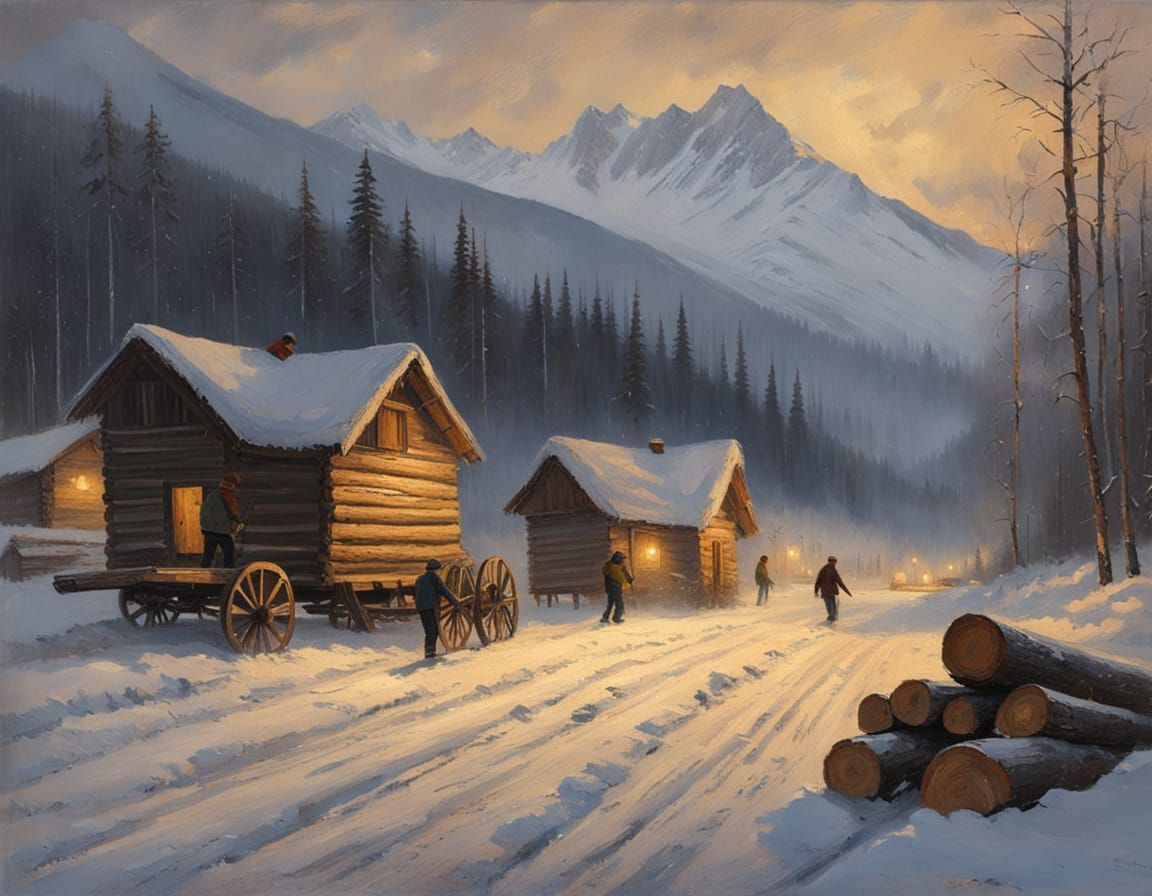 Russian Winter Village Landscape in Levitan Style