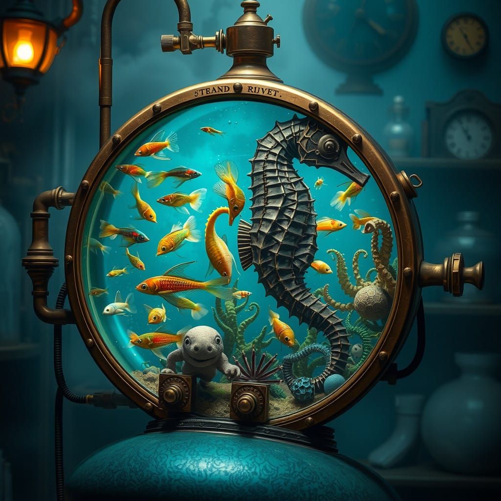 Steampunk Seahorse Aquarium with Exotic Sea Creatures
