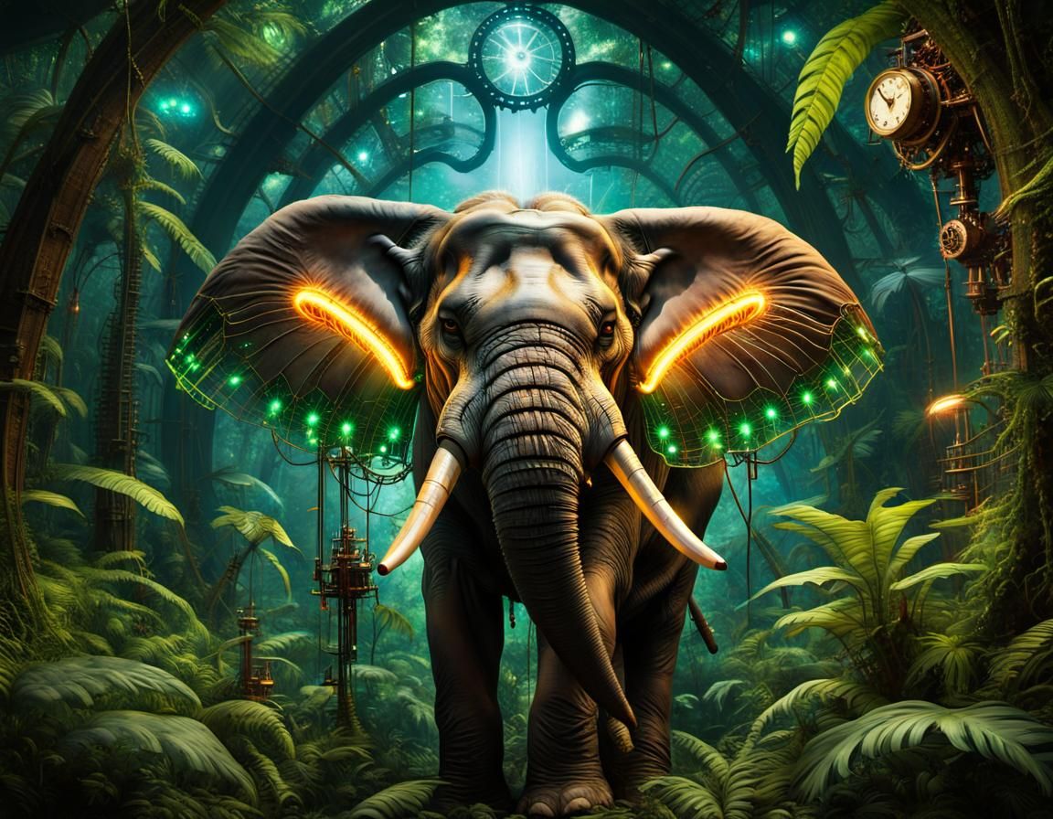 Steampunk Elephant in Vibrant Rainforest