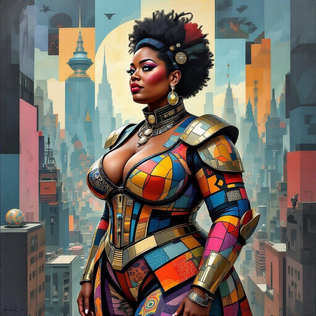 Afrofuturist Resilience: Cubist Painting of a Striking Black...