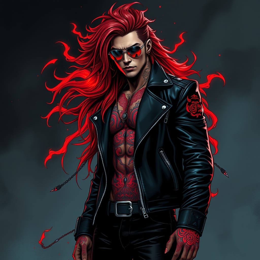 Gritty Cyberpunk Figure in Red Tattoos and Leather