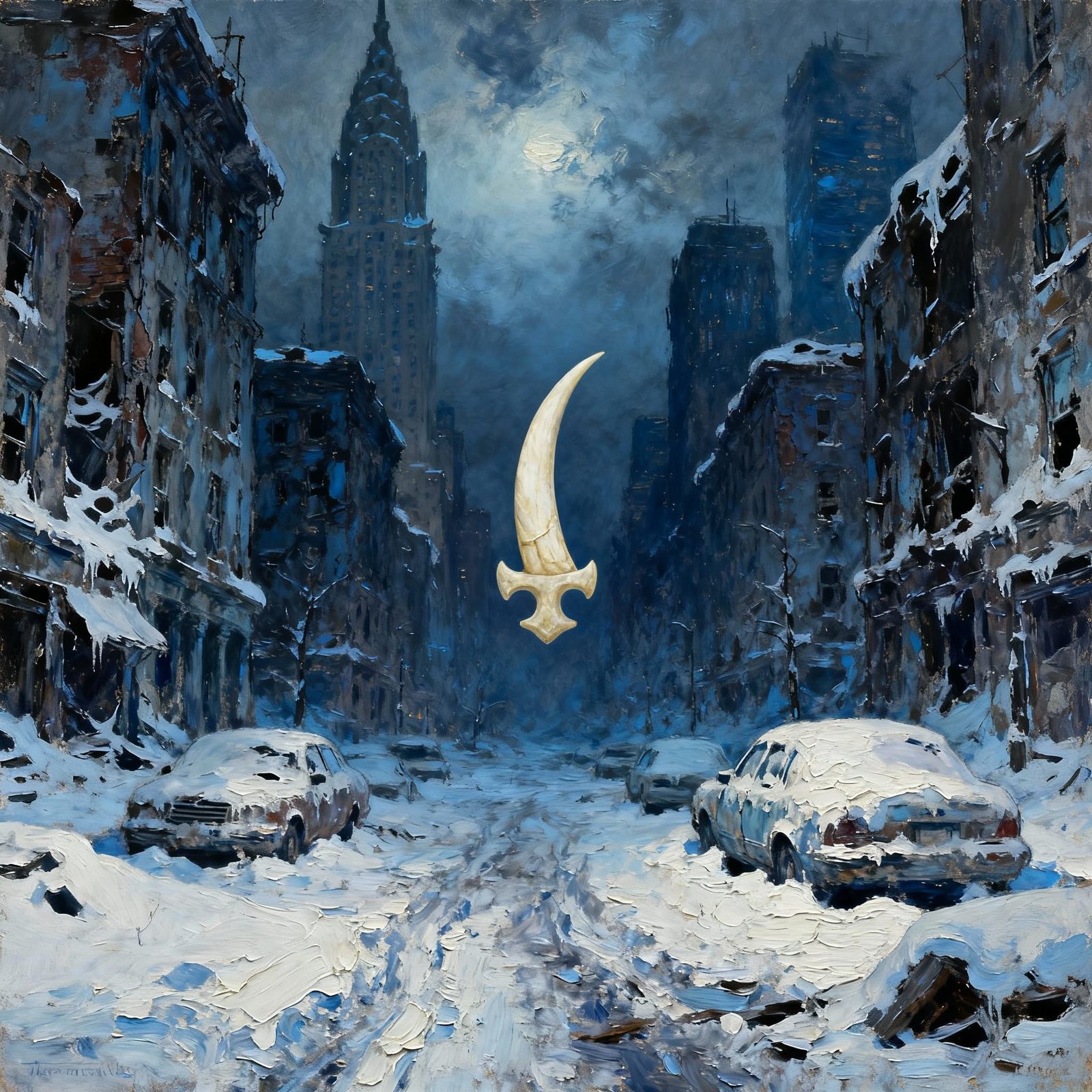 Apocalyptic New York City in Snowy Oil Painting