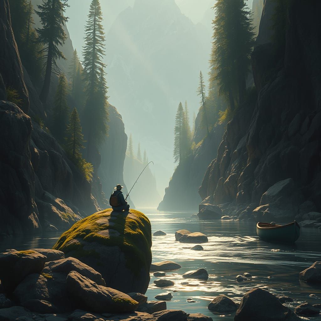 Serene Fisherman in Rocky Valley, Digital Art