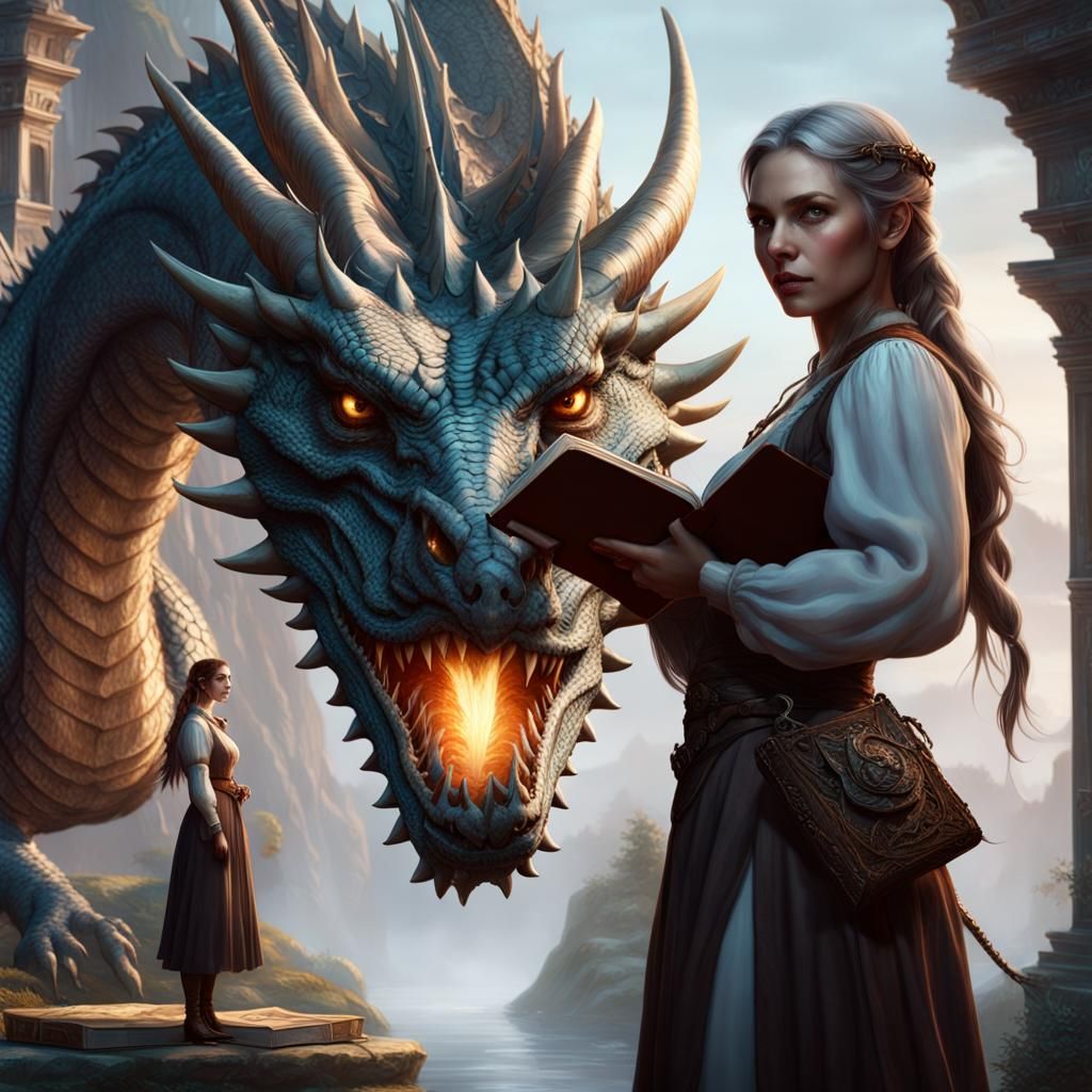 Woman and Dragon Reading: Dark Fantasy Art