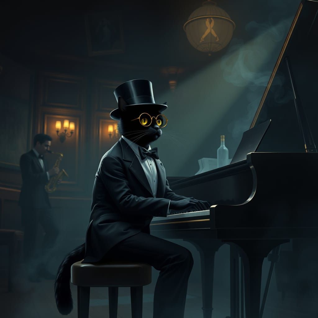 Noir Cat Pianist in Dim Jazz Club